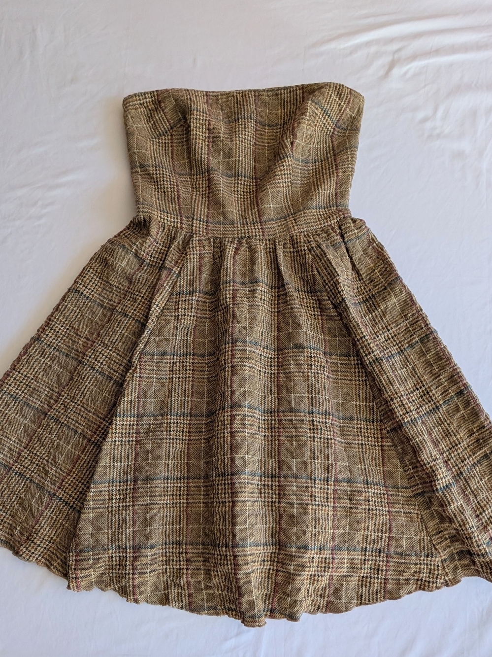 Strapless Plaid Fit-and-Flare Dress in Herringbone Brown Tones